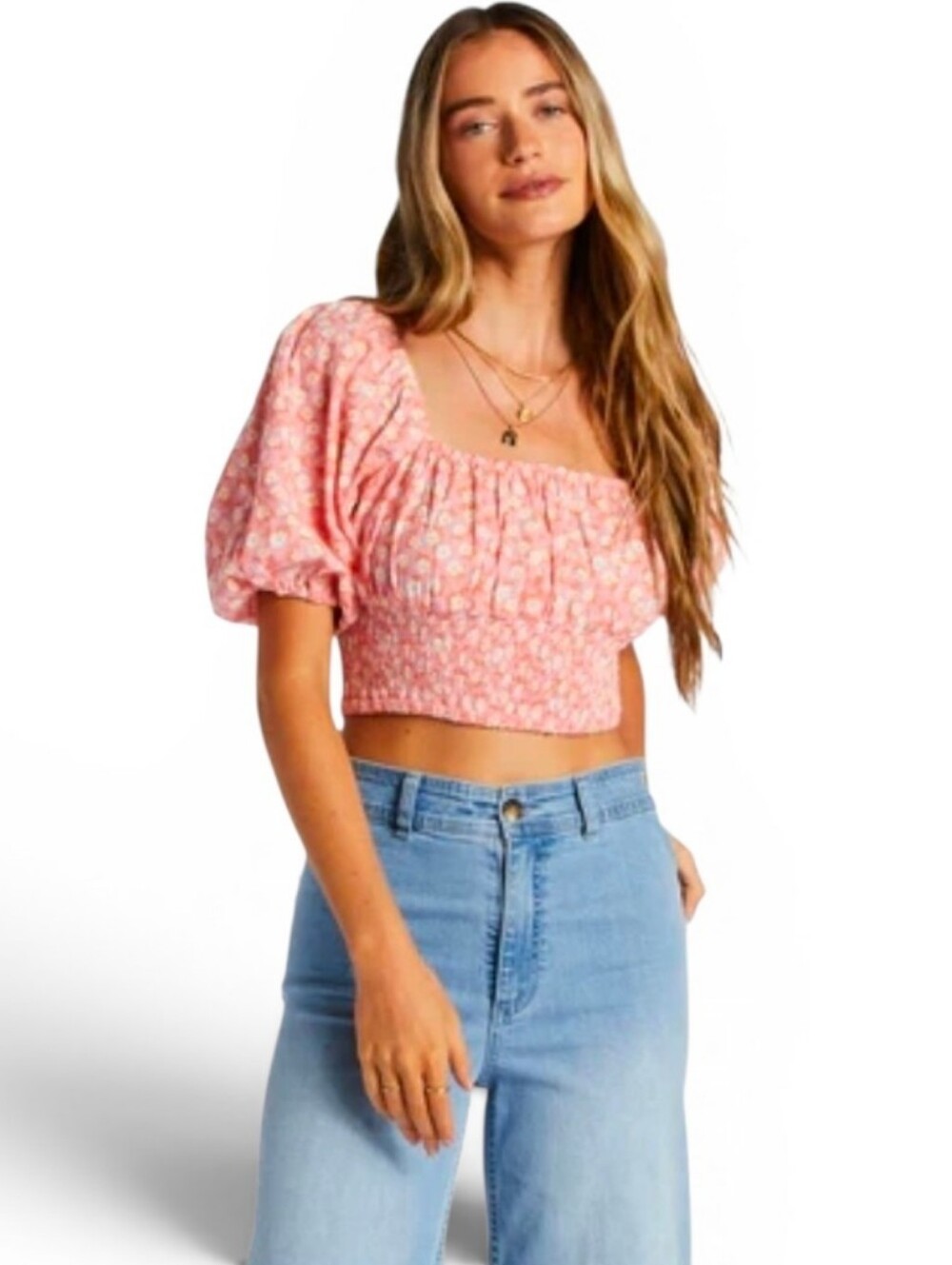 BILLABONG Only You Pink Floral Off Shoulder Puff Sleeve Crop Top - Small